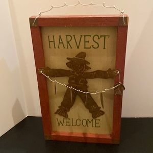 Harvest Welcome sign fall décor scarecrow pumpkins leaves 14x9”wood frame